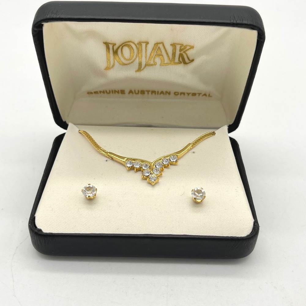 JOJAK Gold Tone Necklace & Earrings Set Austrian Crystal‎ V-Shape Dainty Jewelry